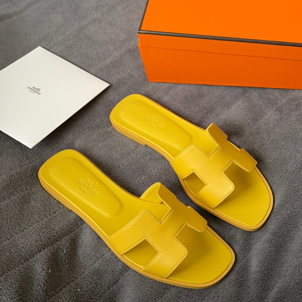 Hermes Yellow Oran Leather Slide Sandals